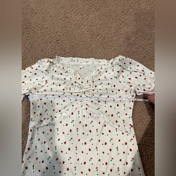 Women's (Youth) White Silky Puff Sleeve Dress with cherry/strawberry print - Picture 7 of 8